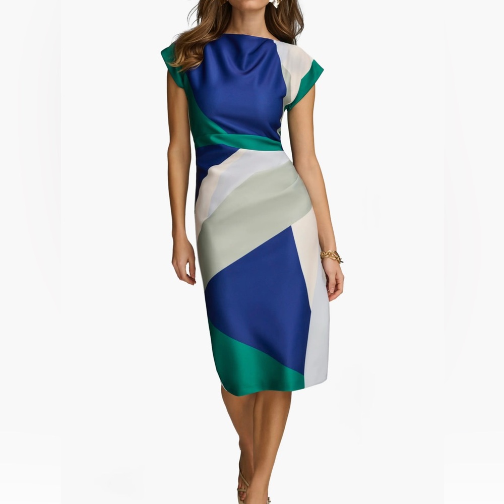 Donna Karan New York Colorblock Scuba Sheath Dress in Blue, Green and White